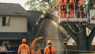 Emergency tree service crew removing storm-damaged tree in Harrisburg, PA