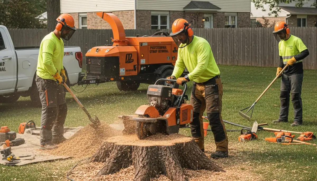 Stump removal service in Harrisburg, PA by Arbor Tree Care, clearing leftover tree stumps from a yard