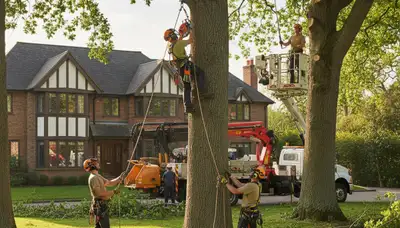 Tree service crew in Harrisburg, PA trimming and removing trees for safe, professional property care