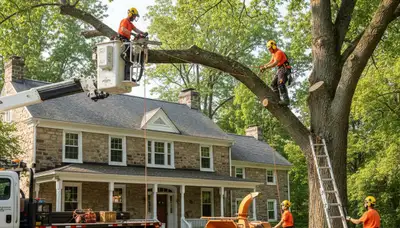Tree service crew in Harrisburg, PA trimming and removing trees for safe, professional property care
