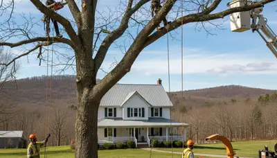 Tree service crew in Harrisburg, PA providing professional tree removal and trimming for businesses