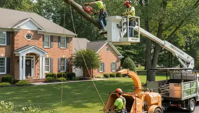 Tree service crew in Harrisburg, PA performing professional tree removal for a local property