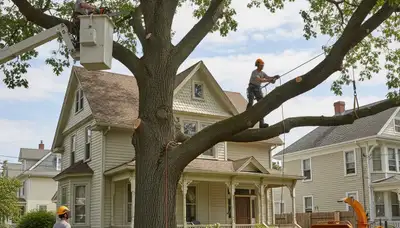Tree service crew in Harrisburg, PA handling tree trimming and removal for a local property