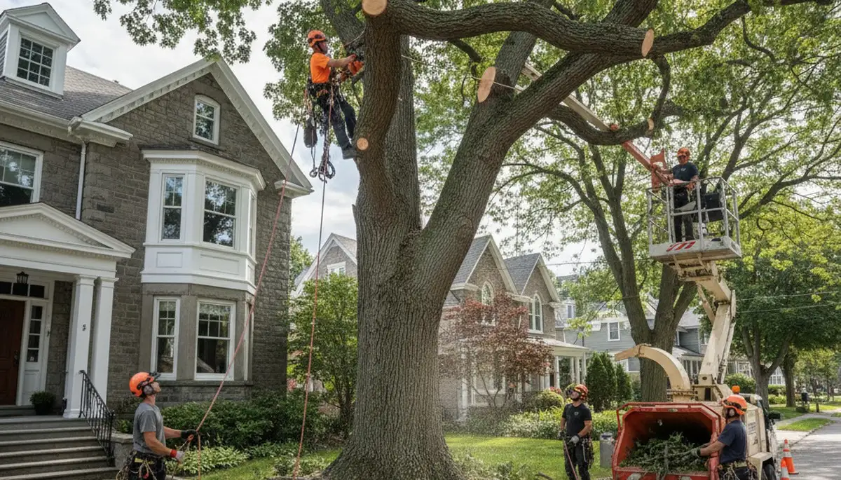 Tree service crew in Harrisburg, PA trimming and removing trees for residential properties