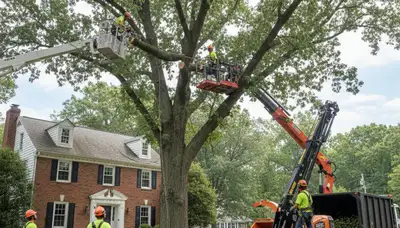 Tree service crew in Harrisburg, PA removing a tree for a residential property